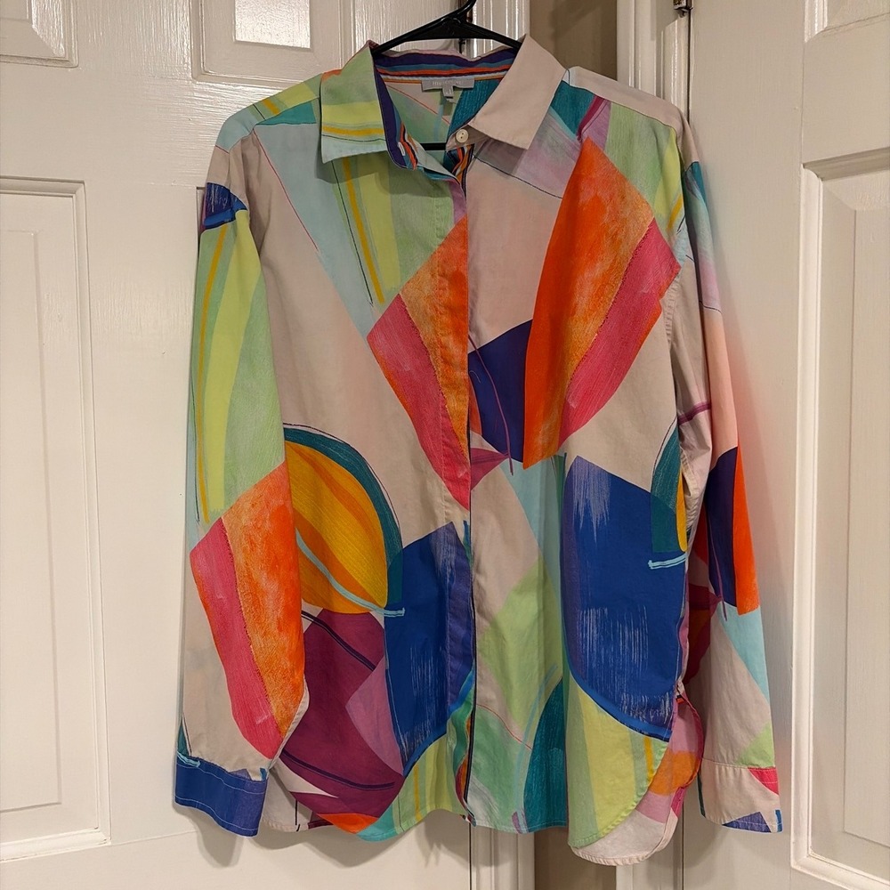 Hinson Wu Womens Halsey Button Up Shirt Multicolor XL Abstract Cotton Stretch